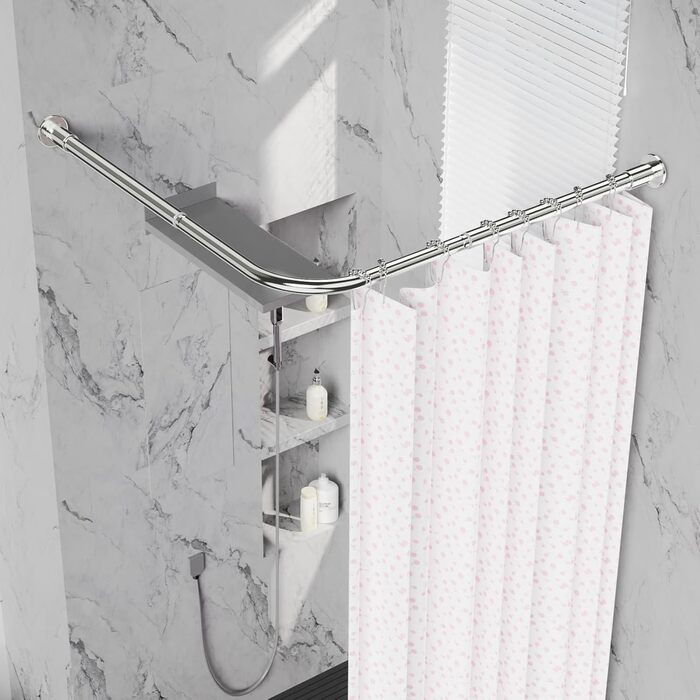 Регульована кутова штанга для душу L-Form, 68–96 см × 68–96 см, нержавіюча сталь, вологостійка та антикорозійна, з 12 кільцями та комплектом кріплень, срібна