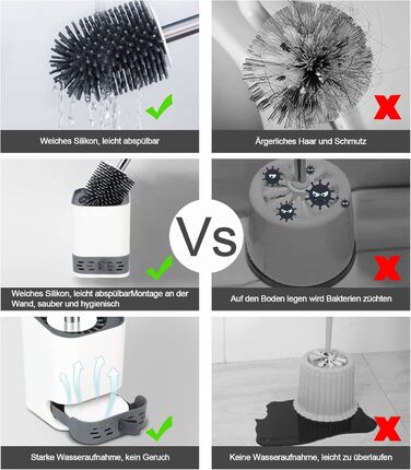 Силіконова щітка для унітазу Glowbal з контейнером, швидковисихаюча, для ванної кімнати, монтаж на стіну та стоячи, білий/сірий колір