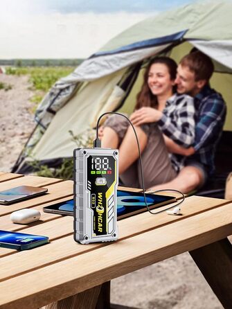 Powerbank Starthilfe 5000A з LCD екраном для автомобіля 12V. Зарядний пристрій для акумулятора авто з LED ліхтариком, підходить для 10л бензину або 9л дизеля. Срібний колір.