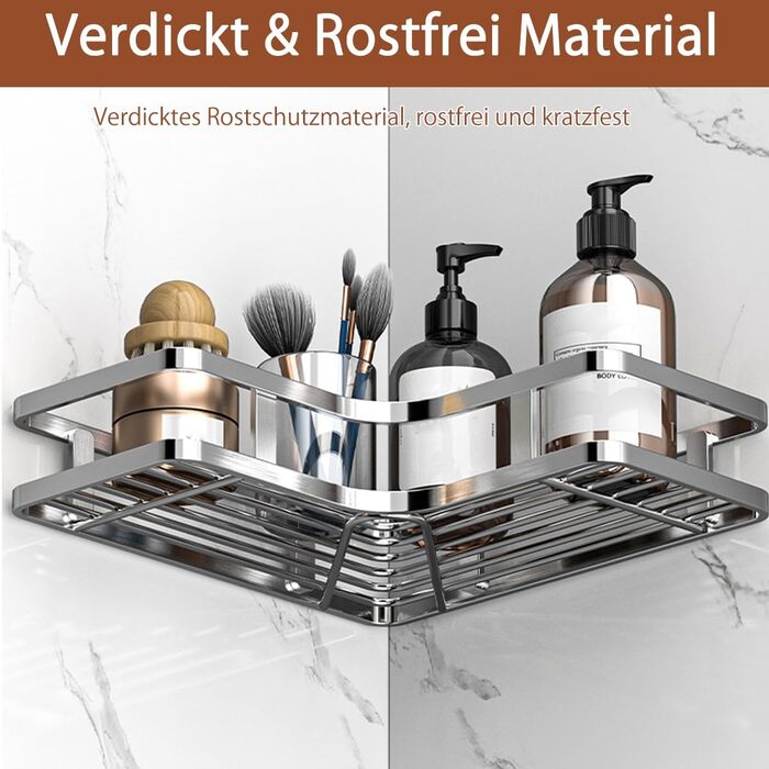 Поличка для душу без свердління, кутова, 2 шт. Органайзер для ванної кімнати з 4 гачками, чорний (A-silver)