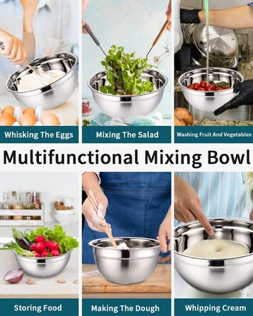 Set of 7 stainless steel bowls with colorful lids, mixing bowls, salad bowls, stackable for minimal storage, essential cooking, kitchen utensils