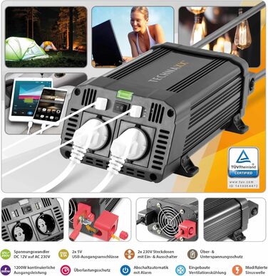 Автомобільний інвертор Technaxx TE16 12В-230В, 1200Вт/2400Вт, 2x Schuko, 2x USB, TÜV Rheinland, перетворювач напруги