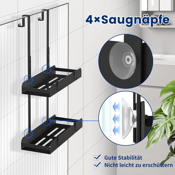 Настінна поличка для душу без свердління, чорна, з 4 гачками. Органайзер для шампуню та інших аксесуарів у ванну кімнату та кухню. Підходить для безрамкових скляних дверей.
