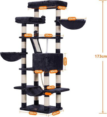 Багатоповерховий котячий будиночок Heybly Kratzbaum HCT025G, 173 см, з 16 стовпчиками для дряпання, 2 платформами, гамаком, печерею та іграшками