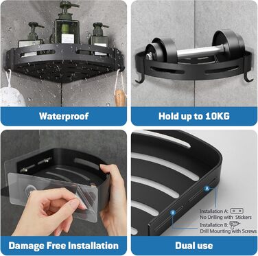 GRICOL Shower Caddy Corner Shelf Shower Shelf No Drilling Metal with 4 Hooks Shower Storage Bathroom Shelf with Sticker Bathroom Shelf for Bathroom and Kitchen 2 Tiers Black