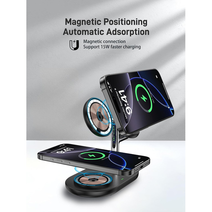 Бездротовий зарядний пристрій 3-в-1 для Apple iPhone, Apple Watch та AirPods, сумісний з моделями 16/15/14/13/12, 10/9/8/7/6/SE, 4/Pro