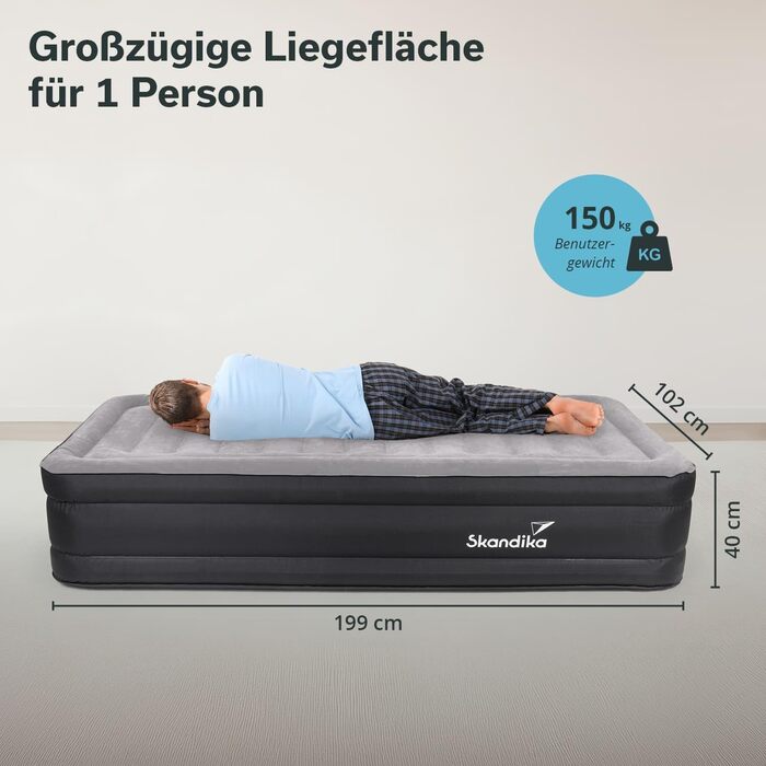 Надувна повітряна матрац Skandika Sveja | Самостійно надувний матрац з насосом USB, 204 x 151 x 43 см, 300 кг, для кемпінгу (1 особа)