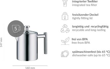 alfi TEA POT 1.40L, Stainless steel insulated carafe with tea strainer and tea catcher, single-walled stainless steel, durable thermos, ideal as a teapot for loose tea, dishwasher-safe, BPA-free (0.6 L)