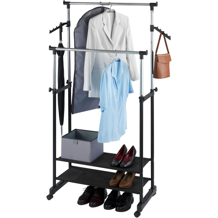 WENKO Clothes Rack Folding, Clothes Storage with Adjustable Clothes Rail and Wheels, Plastic/Metal, 88 x 100-168 x 11-49 cm, Chrome/Grey (169 x 43 x 89.5 cm)