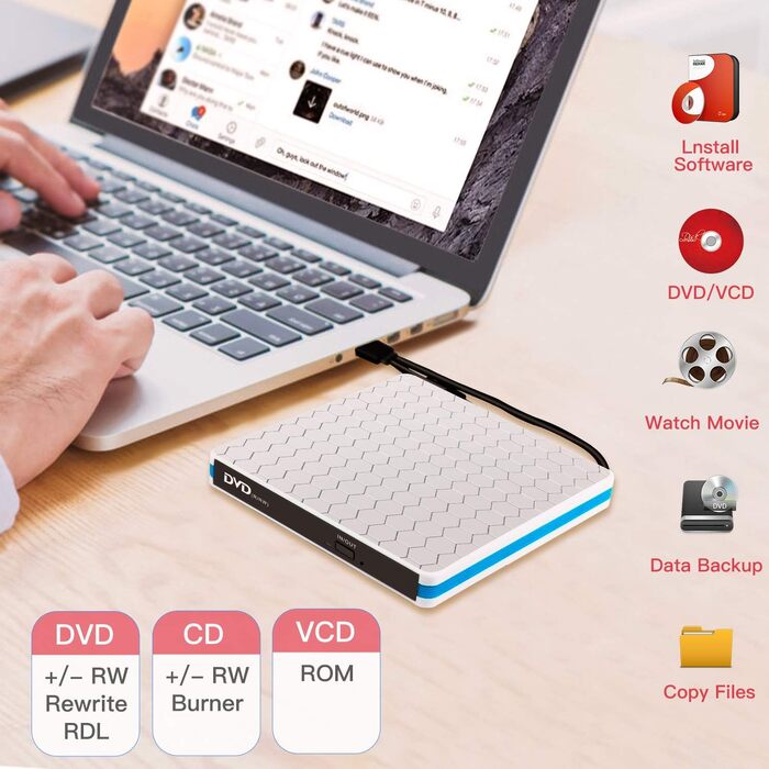 Зовнішній CD/DVD привід USB 3.0 та Type-C з картридером SD/TF, портативний RW-записувач для ноутбука, ПК, MacBook (Windows, macOS, Linux) — Білий