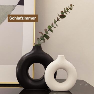 Набір ваз Sawoake Donut Ceramic Set 2 шт. для сучасного декору дому, круглі матові вази для пампасной трави, нейтральний бохо, скандинавський мінімалізм, чорний та білий колір