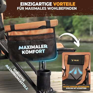 Крісло кемпінгове складне чорно-коричневе, до 150 кг, дихаючий сітчастий матеріал, з бічною кишенею, подушкою та підсклянником - для риболовлі, пляжу, кемпінгу
