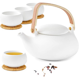ZENS Modern Japanese Teapot, 800ml Matte White Ceramic Teapot with Infuser, Wooden Handle Small Japanese Teapot for Loose Leaf Tea, White Tea, Green Tea Steeper, Gift for Tea Lovers (09-weiß Teeservice-4 Tassen)