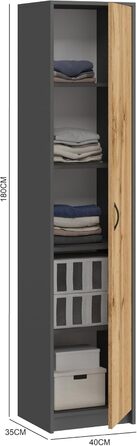 Bookshelf Wardrobe Shelf White 40cm wide 180cm high Cabinet Organizer Multi-purpose Cabinet with 4 adjustable shelves Filing cabinet Shelf Wall narrow Wood for bedroom hallway basement office (Anthracite Oak)