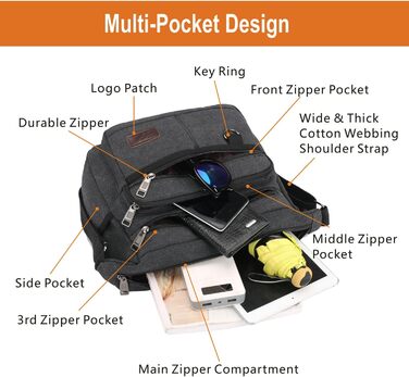 Чорна сумка-перехресна W&G Traveler з RFID захистом, відділенням для ноутбука 13 дюймів, кишенями для телефону та документів, та тримачем для пляшки води