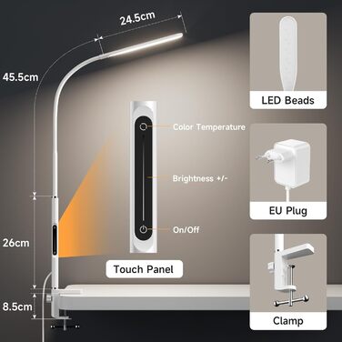 LED лампа для столу з кріпленням, регульована яскравість, архітектурна лампа, з регульованим підлокітником, пульт дистанційного керування, 4 колірні температури, для офісу та дому