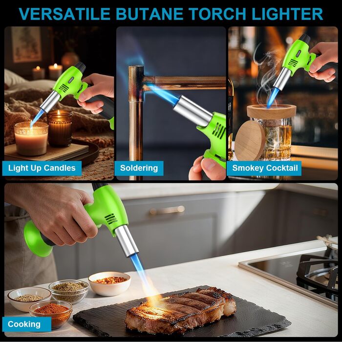 Кулінарний пальник для Крем-брюле, міні-пальник з регулюванням полум'я та захисним замком для десертів та BBQ, зелено-чорний (газ не входить)
