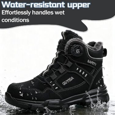 Черевики робочі зимові чоловічі/жіночі, зимові безпечні черевики з підкладкою, водонепроникні, черевики безпеки зі сталевим підноском, антиковзаючі, теплі, зі швидкою застібкою, самозатягуючі, 36-46 EU (Чорний, 46 EU)