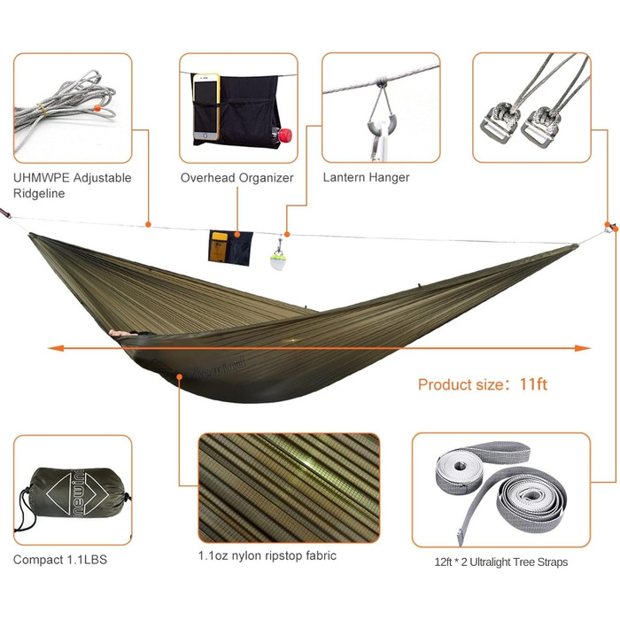 onewind Lightweight Camping Hammock for Backpackers, Portable, Compact, Ideal for Hiking, Camping, and Travel (Od Green-11' With 12' Hexagon Tarp, 11' with 12' Tarp)