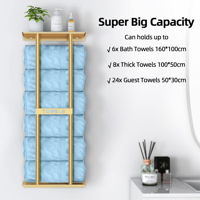 Тримач для рушників настінний з полицею, золото, 30 дюймів. Металевий органайзер для ванної кімнати