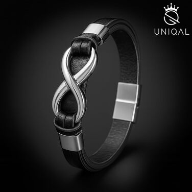 Браслет шкіряний чоловічий UNIQAL Infinity з нержавіючої сталі та натуральної шкіри коричневого кольору (срібний, 23 см) + подарункова коробка