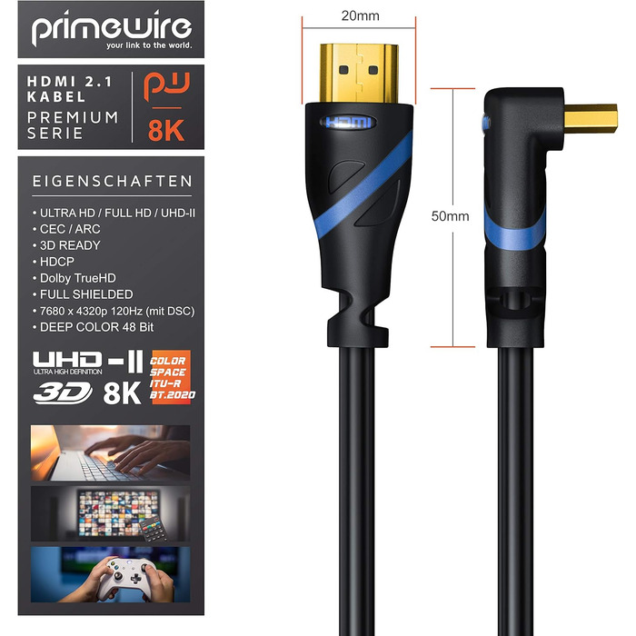 HDMI кабель 8K 2.1 з кутовим роз'ємором 90° - 3 метри - підтримка 8K@60Hz, DSC, HDR, eARC, VRR, Dolby Vision