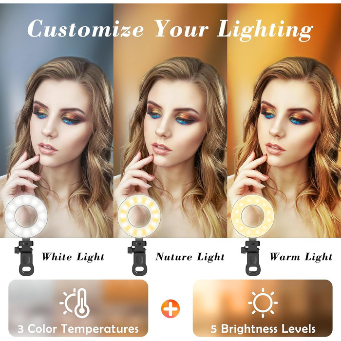 LED кільцева лампа для телефону та ноутбука, світло для селфі з 3 колірними температурами та 5 рівнями яскравості, USB світло для відеоконференцій, Zoom, YouTube, TikTok, макіяжу, фотографії, порожньою конструкцією