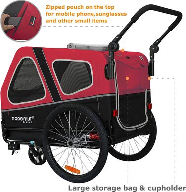 Doggyhut S-Line XL: велосипедно-колісний візок для собак, 2 в 1, до 45 кг, червоно-чорний
