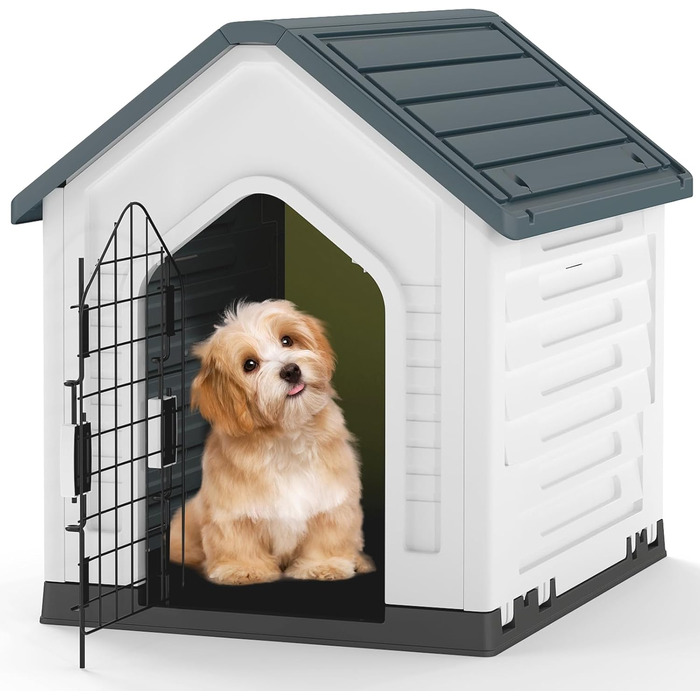 Будка для собак GOPLUS Outdoor, вологостійка з закривною решітчастою дверцятами та піднятим дном, вентиляційні отвори, похила дах, клітка для собак Indoor, будиночок для домашніх тварин для собак та котів (Сірий)