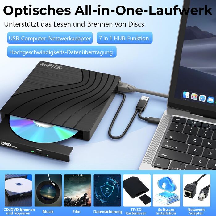 Зовнішній DVD-накопичувач AGPTEK USB 3.0 Slim CD/DVD-брунер з картридером TF/SD для ноутбука, MacBook, Windows, Linux, Mac OS