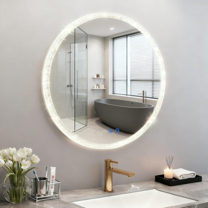 Дзеркало для ванної кімнати YOURLITE з підсвічуванням, 60 см, LED, сенсорне керування, 3 кольори, регулювання яскравості, протизапітніння, функція пам'яті, годинник, білий (сріблястий)