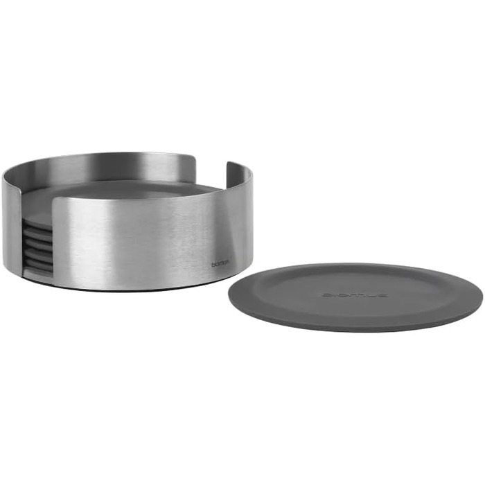 blomus -LARETO- Set of 6 Silicone Coasters, soft beige tone, including stainless steel holder, color (64065) (Magnetic)