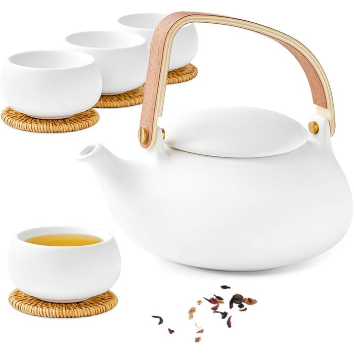 ZENS Modern Japanese Teapot, 800ml Matte White Ceramic Teapot with Infuser, Wooden Handle Small Japanese Teapot for Loose Leaf Tea, White Tea, Green Tea Steeper, Gift for Tea Lovers (09-weiß Teeservice-4 Tassen)