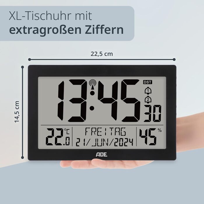 Digital Radio Clock with Large XL Display | Calendar | with Temperature Display & Hygrometer | Wall Clock | Radio Alarm Clock with 2 Alarm Times and Snooze Function | black