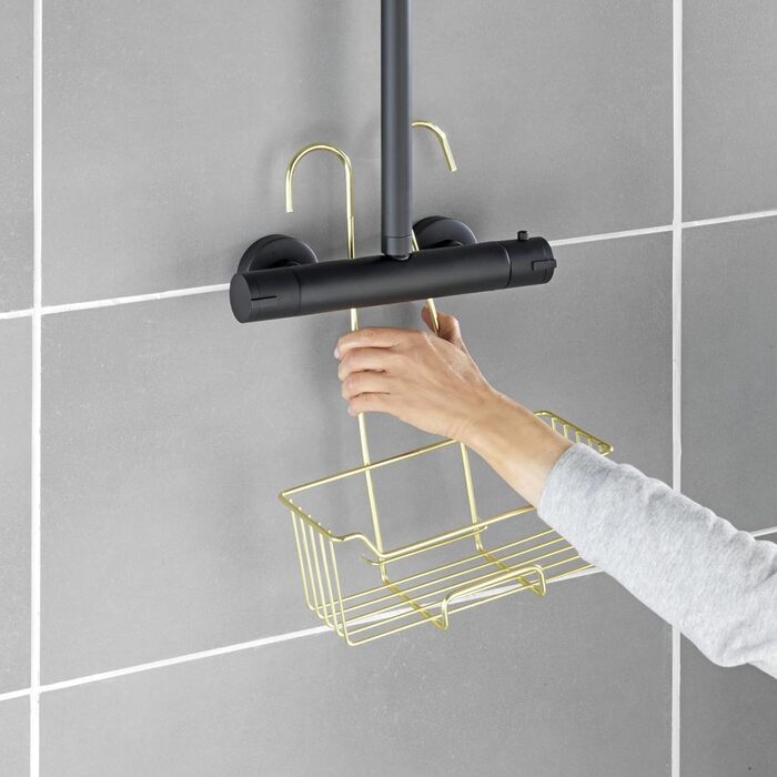 WENKO Thermostat Shower Caddy Model Milo, Shower Shelf for Hanging on the Faucet, Shelf Made of Stainless Steel (Rustproof), 25 x 36 x 14 cm, Gold
