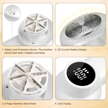 Електричний видалення ворсу ELZO - портативний, бездротовий, з LED-дисплеєм, 3 швидкості, 2 змінні насадки, для одягу, ковдр, білий