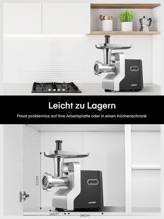 Electric Meat Grinder 5-in-1 - 700W Power, 2800W Max Blocking Capacity, Stainless Steel Grinding Plates (3, 5, 7mm), Sausage Maker, Kubbe Attachment, Black