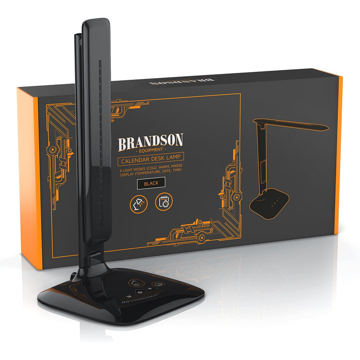 Світлодіодна настільна лампа Brandson з регулюванням яскравості, захистом очей, 3 кольорами світла та цифровим годинником з термометром та календарем, чорна