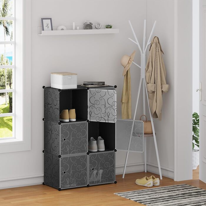 WOLTU Stackable Shoe Boxes, Shoe Rack with 6 Stackable Boxes, Storage Box with Door, DIY Shelf, Plastic Box for Shoe Storage, Shoe Organizer, 35x35x35 cm per Shoe Box, Black