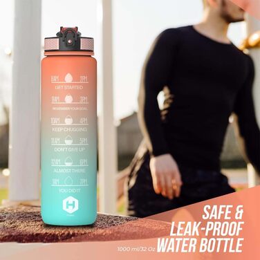 1L Water Bottle - BPA Free Water Bottle with Straw and Time Markers - Water Bottle for Bicycle, Outdoor, School, Running and Gym - Carbonated Drink Suitable (Orange & Light Green with Orange Cap)
