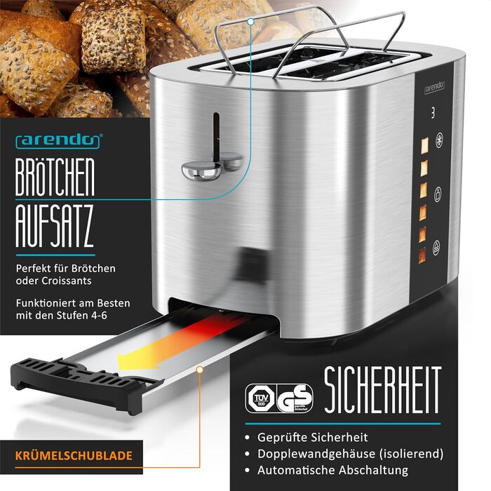 Тостер Arendo з нержавіючої сталі, 2 відділення, сенсорний дисплей, 800 Вт, підставка для булочок, 6 рівнів підсмажування, центрування хліба, таймер, пам'ять (C: Steelsilver)