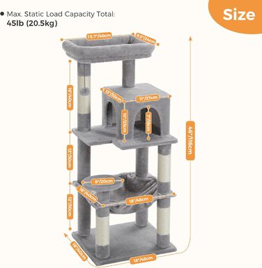 Комплекс для котів PAWZ Road з гамаком, будиночком та сходами, сірий, 116 см