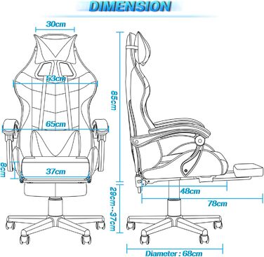 Геймерське крісло Soontrans CK001 Racing: з підставкою для ніг, подушкою для шиї та попереку, білими підлокітниками, регульоване, для стрімінгу та Xbox