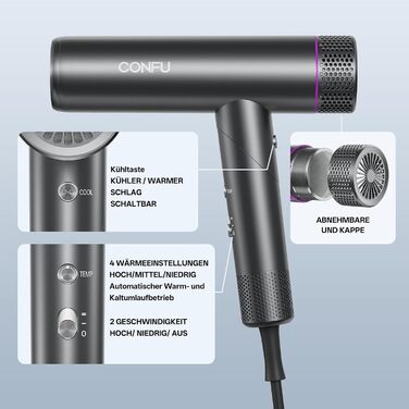 CONFU Professional Ionic Hair Dryer - 1700W Foldable Salon Hair Dryer with Diffuser & Styling Nozzle - Quiet, Long Cord for Home, Salon & Travel
