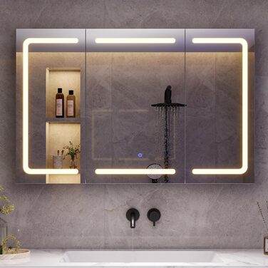 Дзеркало-шафка для ванної кімнати з LED-підсвічуванням, розеткою та 3 колірними температурами. Ванна шафка 60x90x16 см (ВxШxГ), з регулюванням яскравості + сенсорне керування. Біла дзеркальна шафка з 3 регульованими полицями та дзеркалом 60x90x16 см