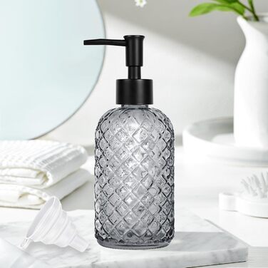 Скляний диспенсер для мила 500 мл з хвильовим дизайном для ванної кімнати та кухні, з чорним насосом, дерев'яними етикетками та воронкою (Charcoal, сірий)