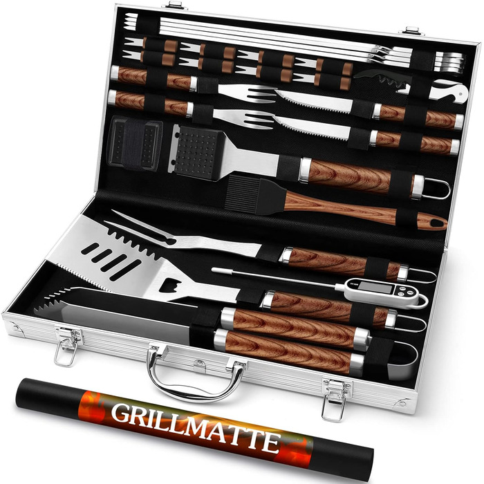 Grilliance 26-Piece Stainless Steel Grill Accessory Set - High-Quality BBQ Grill Utensil Case - Perfect Grill Tool Set for Men - Gift with Portable Storage Case and Meat Thermometer - Brown