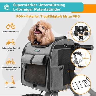 Корзина для собак на велосипед до 10 кг, складана, дихаюча, 4-в-1 (рюкзак, сумка на плече, автокрісло), з міцним L-подібним кріпленням Φ55mm, зручна подушка, світловідбиваючі смуги