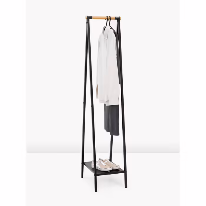 Brabantia - Linn Clothes Rail, Compact - Freestanding Clothes Rack - For Clothes - Hanging, Airing & Drying Clothes - Sturdy Steel Frame & Bamboo Rail - 47.6 cm x 34 cm x 170 cm - Matte Black