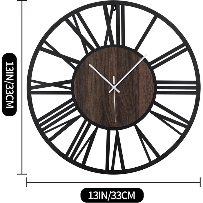 HAITANG Round Wall Clock, Black, 34 cm, for Living Room, Decoration, Vintage Style, Roman Numerals, Silent, Non-Ticking, Wall Clocks for Home, Garden, Office, Cafe Decoration (33 cm, Black)